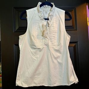 Sleeveless Banana Republic blouse, tuxedo style, ruffle neckline, pleats